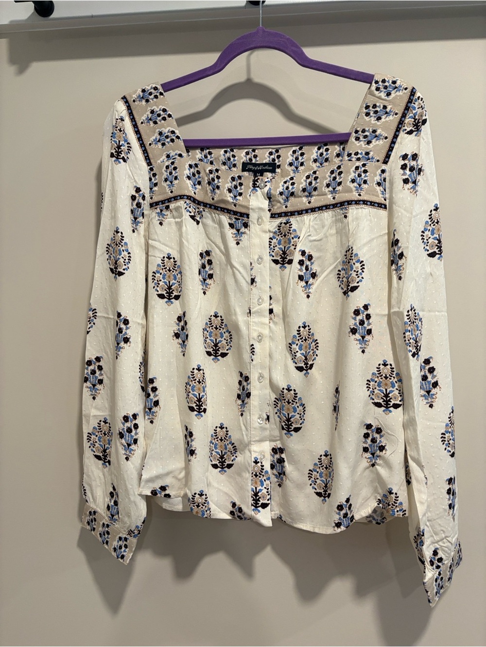 Boho Cream Floral Button-Front Peasant Blouse